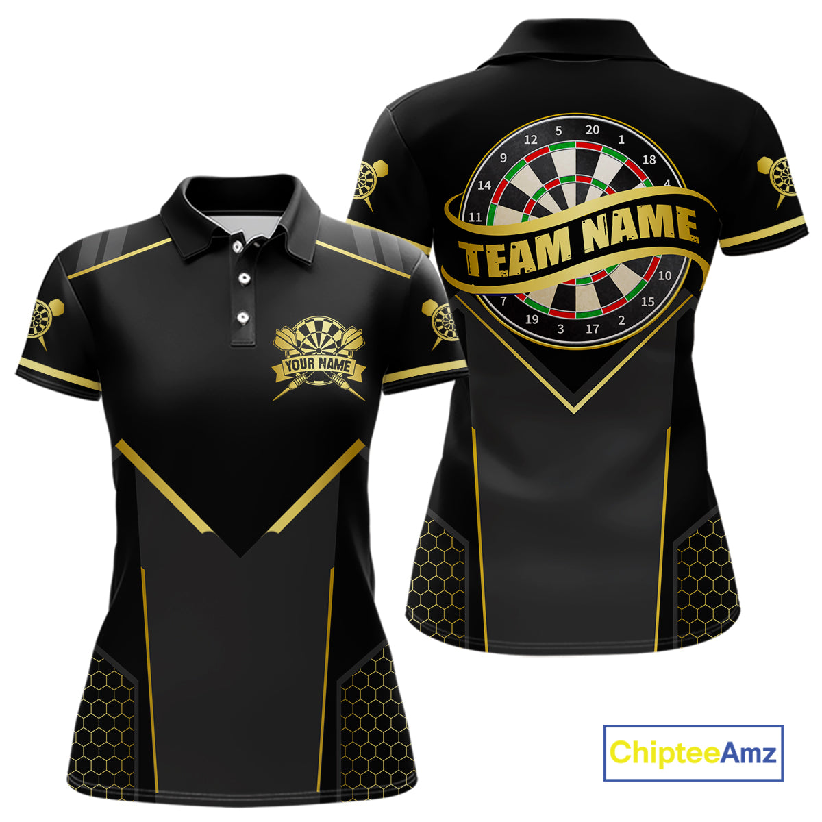 Black & Gold Dart Shirt for Women Custom Dart Dartboard League Jersey Polo & 1/4-Zip DHT105