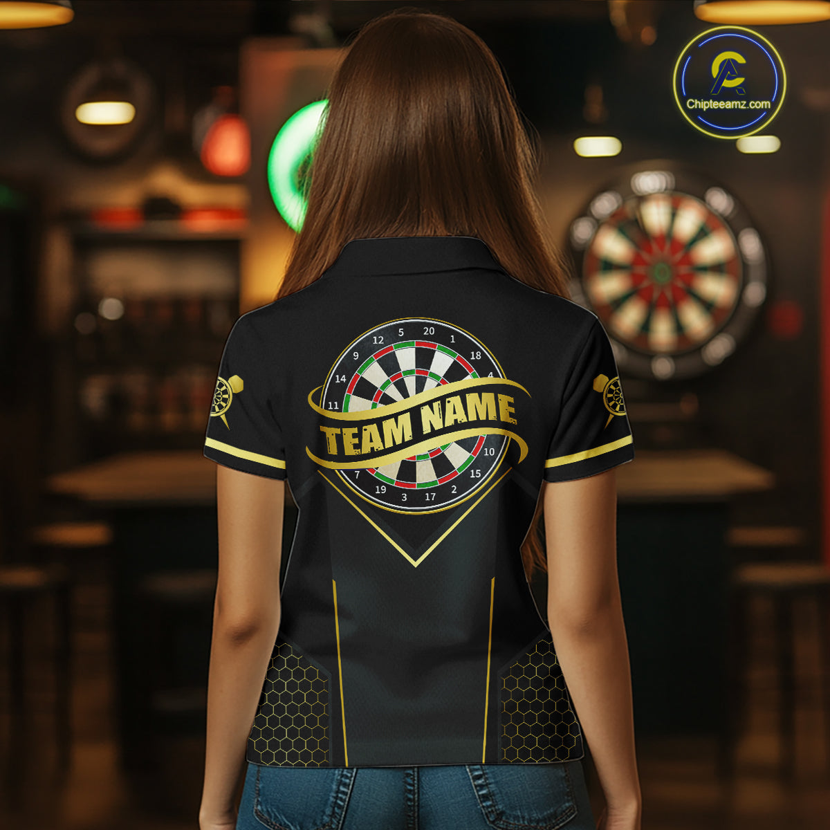 Black & Gold Dart Shirt for Women Custom Dart Dartboard League Jersey Polo & 1/4-Zip DHT105