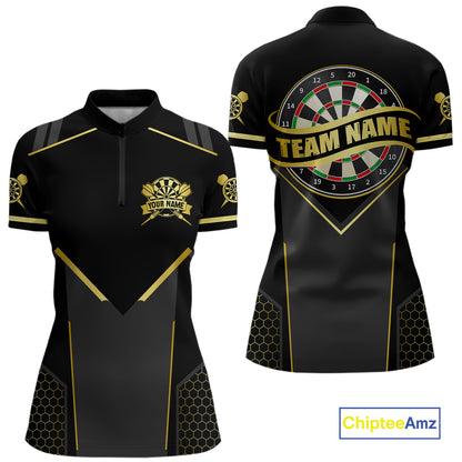Black & Gold Dart Shirt for Women Custom Dart Dartboard League Jersey Polo & 1/4-Zip DHT105