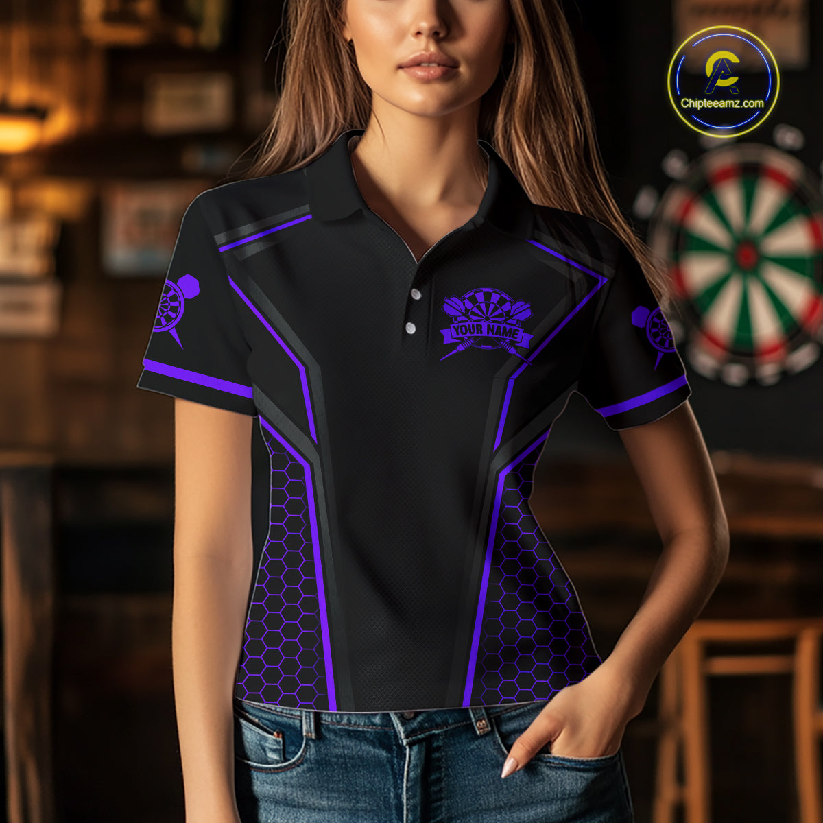 Black & Purple Dart Team Shirt for Women Custom Dart League Jersey Polo & 1/4-Zip DHT98