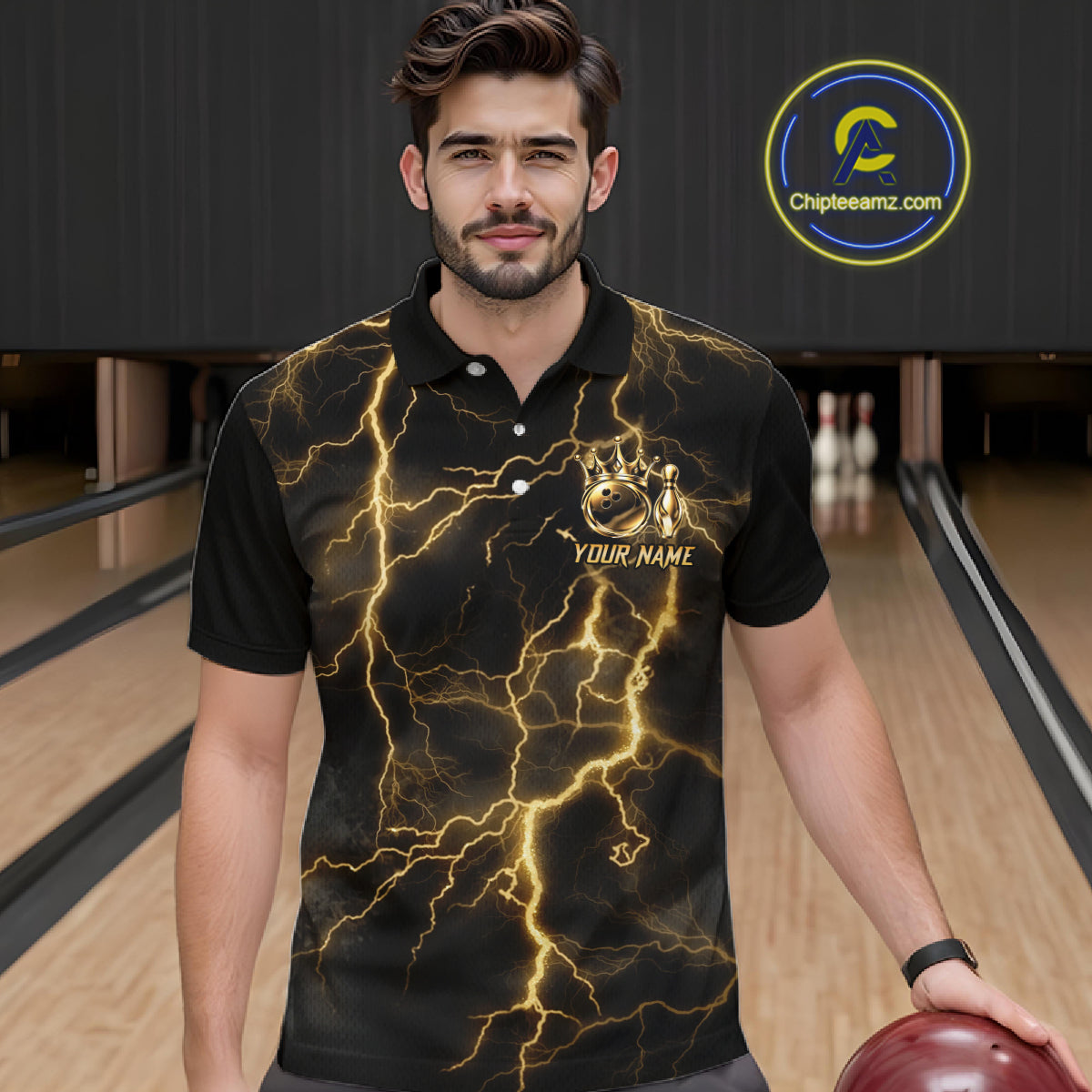 Custom Gold Thunder Lightning Bowling Shirt for Men Crown Bowling Ball Jersey QZT1392