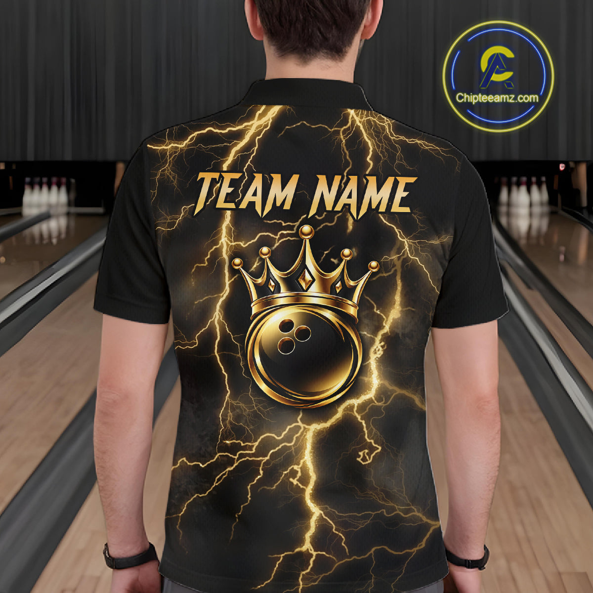 Custom Gold Thunder Lightning Bowling Shirt for Men Crown Bowling Ball Jersey QZT1392