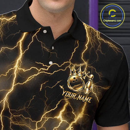 Custom Gold Thunder Lightning Bowling Shirt for Men Crown Bowling Ball Jersey QZT1392