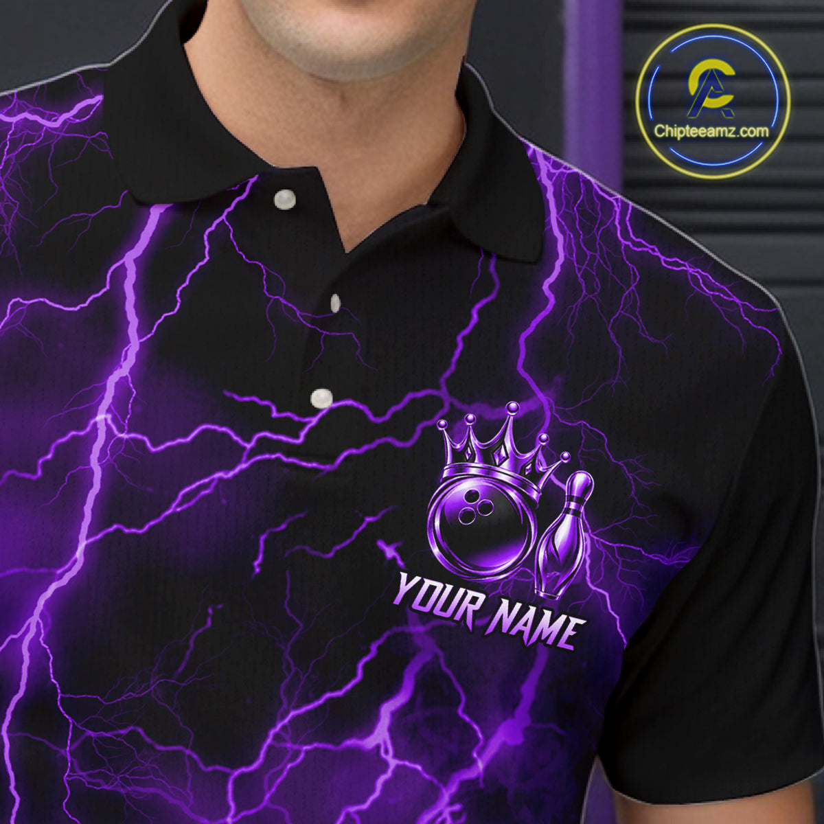 Custom Purple Thunder Lightning Bowling Shirt for Men Crown Bowling Ball Jersey QZT1392