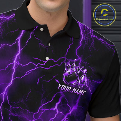 Custom Purple Thunder Lightning Bowling Shirt for Men Crown Bowling Ball Jersey QZT1392
