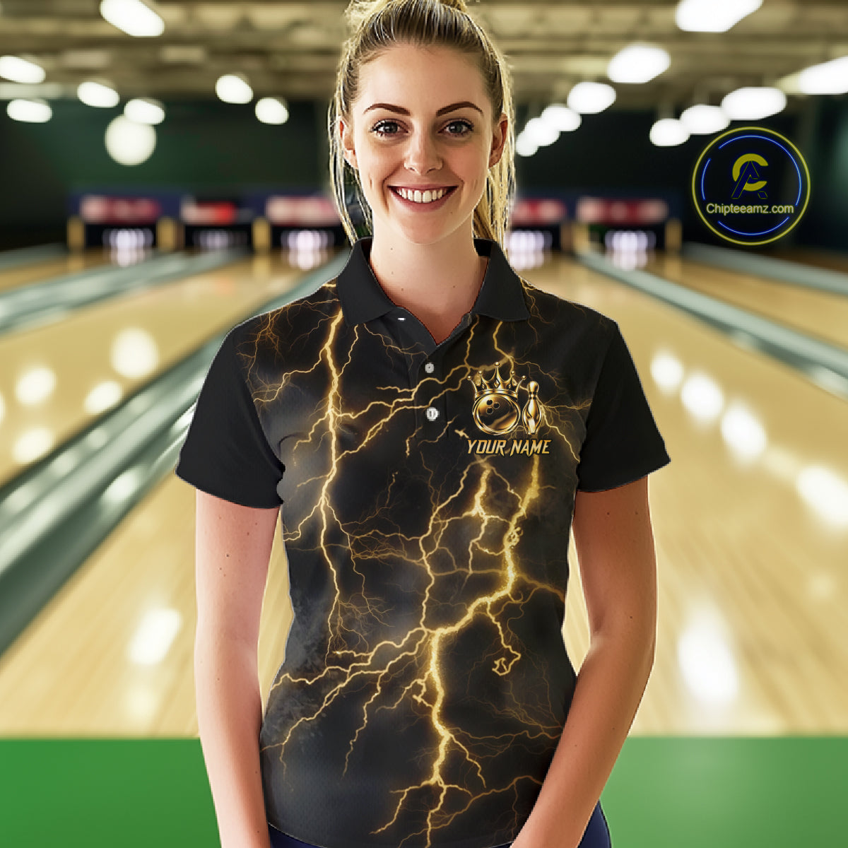 Custom Gold Thunder Lightning Bowling Shirt for Women Crown Bowling Ball Jersey QZT1392
