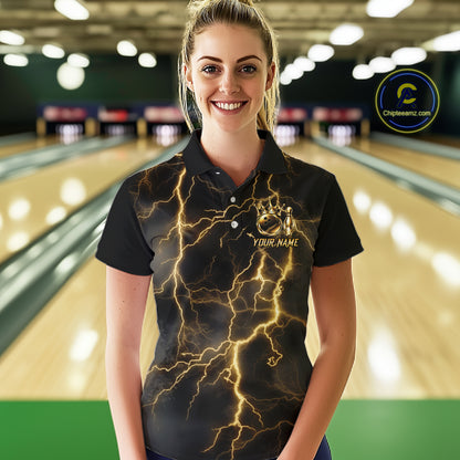 Custom Gold Thunder Lightning Bowling Shirt for Women Crown Bowling Ball Jersey QZT1392