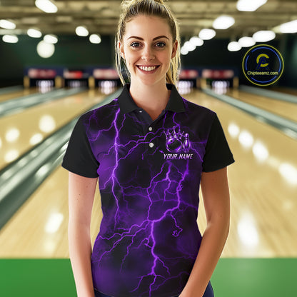 Custom Purple Thunder Lightning Bowling Shirt for Women Crown Bowling Ball Jersey QZT1392