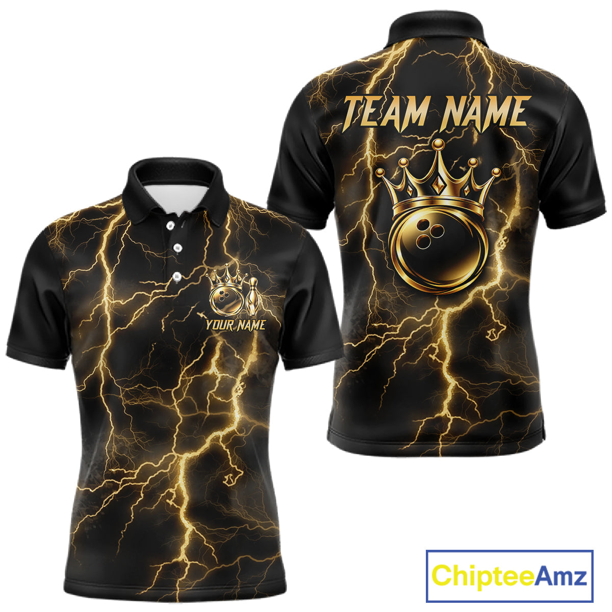 Custom Gold Thunder Lightning Bowling Shirt for Men Crown Bowling Ball Jersey QZT1392