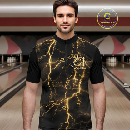 Custom Gold Thunder Lightning Bowling Shirt for Men Crown Bowling Ball Jersey QZT1392