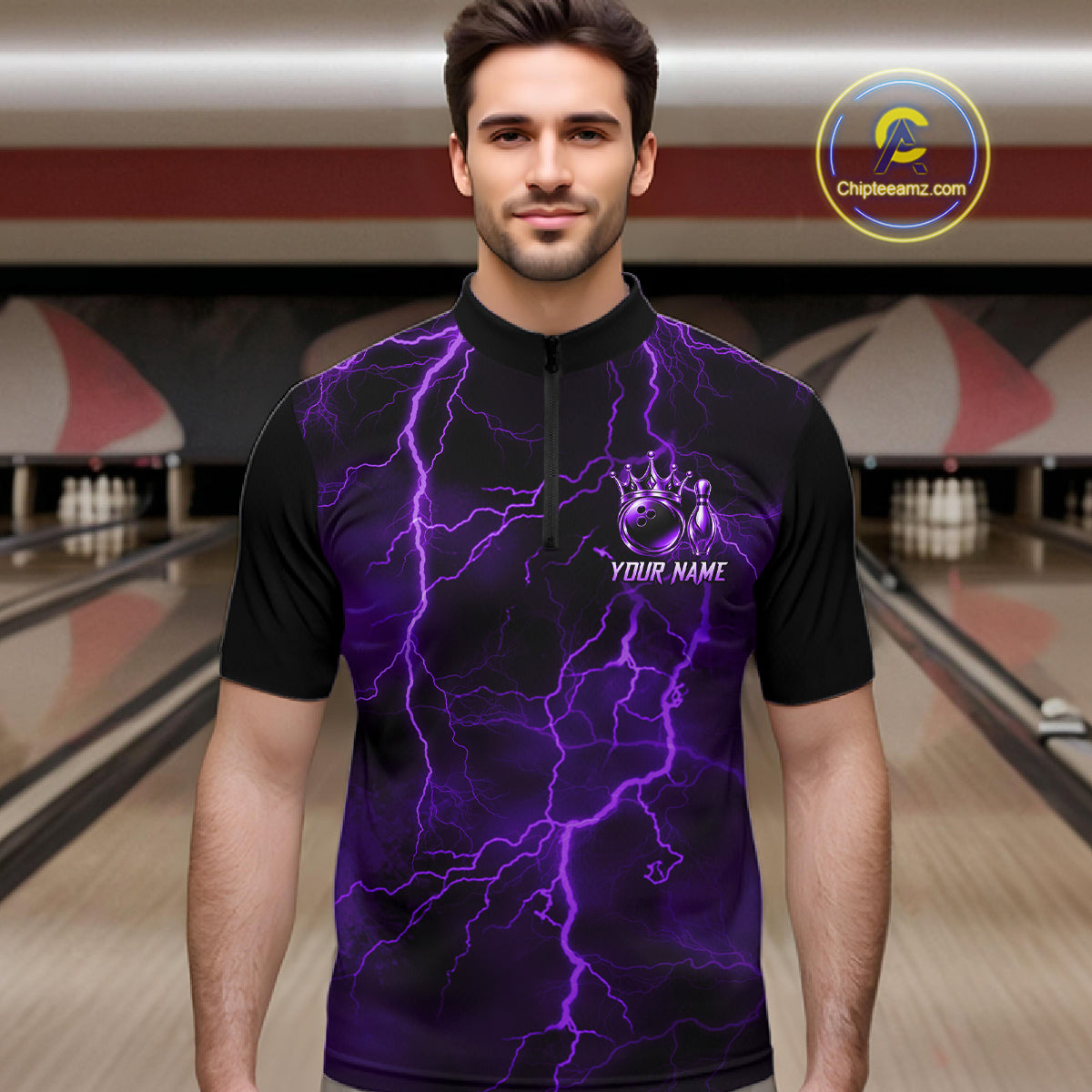 Custom Purple Thunder Lightning Bowling Shirt for Men Crown Bowling Ball Jersey QZT1392