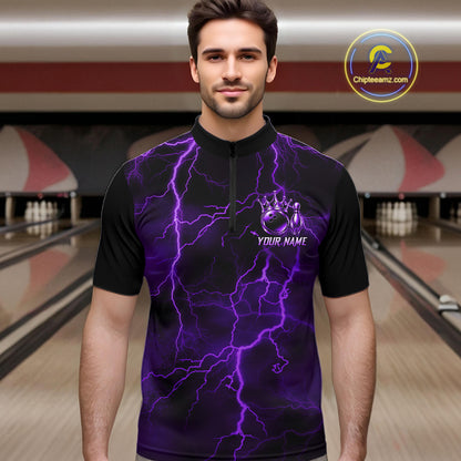 Custom Purple Thunder Lightning Bowling Shirt for Men Crown Bowling Ball Jersey QZT1392