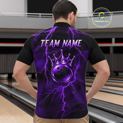 Custom Purple Thunder Lightning Bowling Shirt for Men Crown Bowling Ball Jersey QZT1392