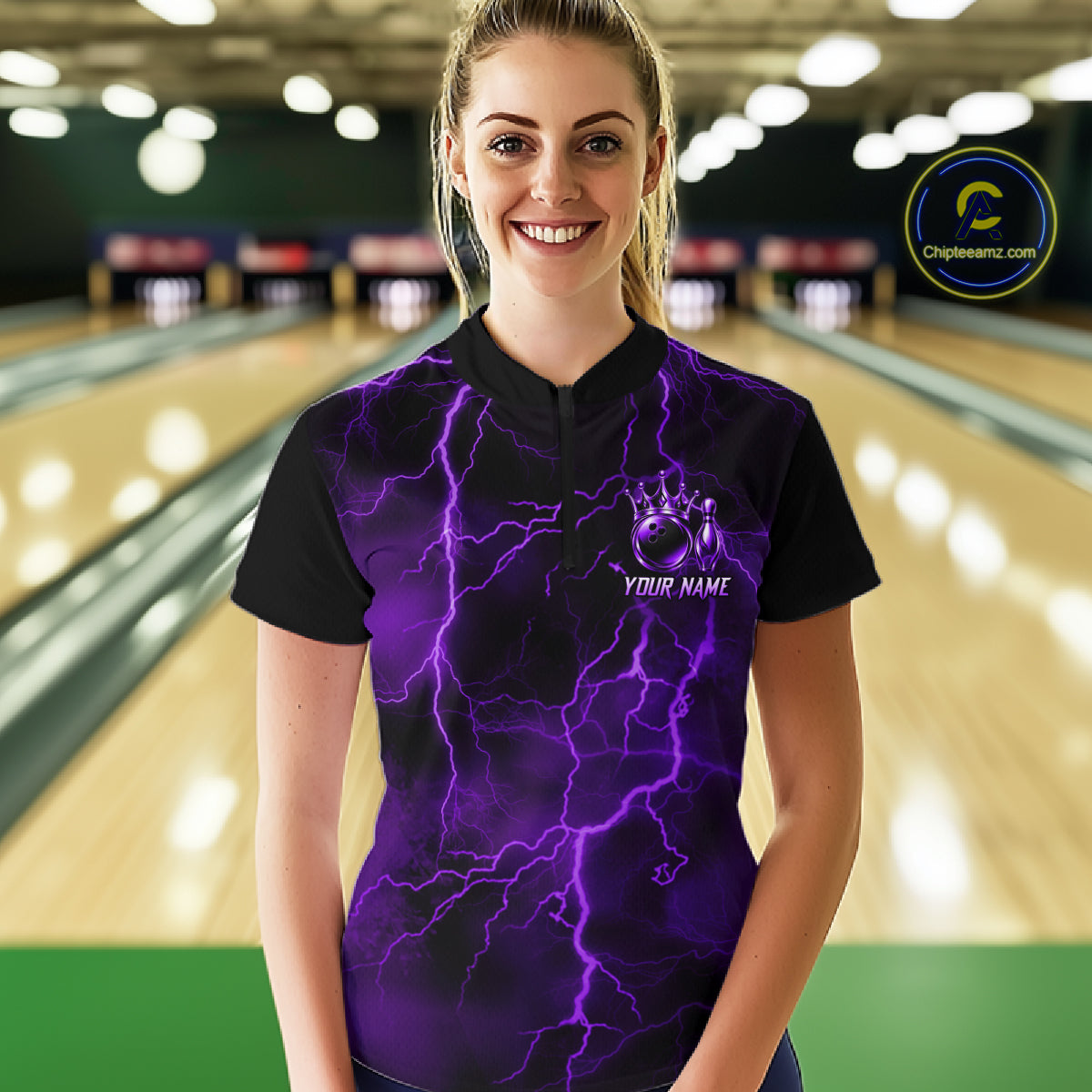 Custom Purple Thunder Lightning Bowling Shirt for Women Crown Bowling Ball Jersey QZT1392
