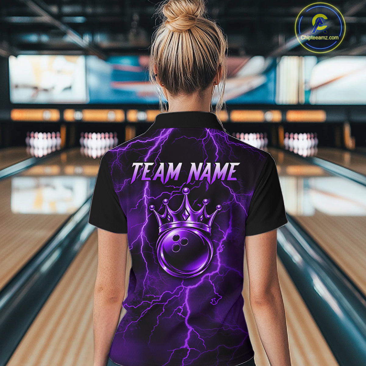 Custom Purple Thunder Lightning Bowling Shirt for Women Crown Bowling Ball Jersey QZT1392
