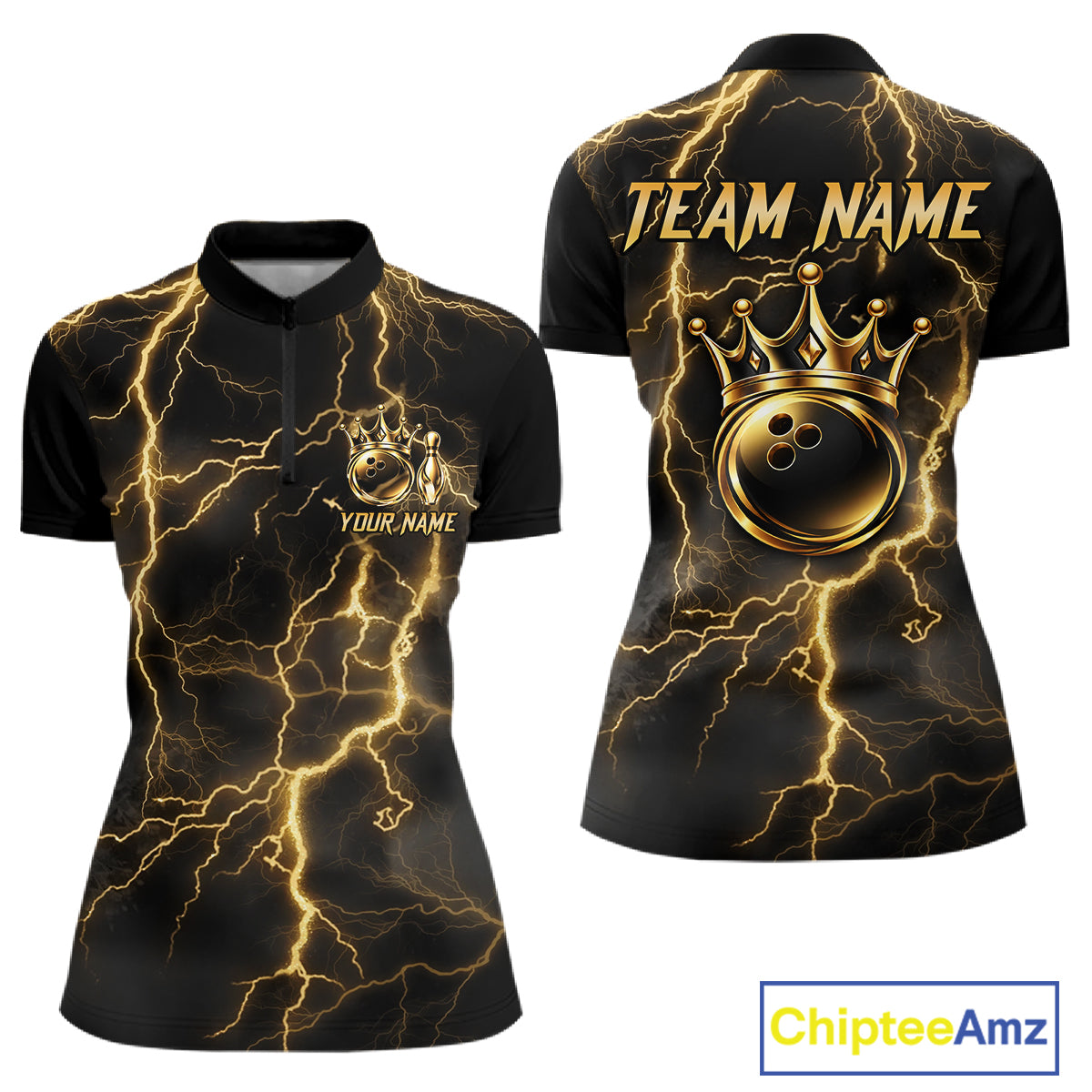 Custom Gold Thunder Lightning Bowling Shirt for Women Crown Bowling Ball Jersey QZT1392