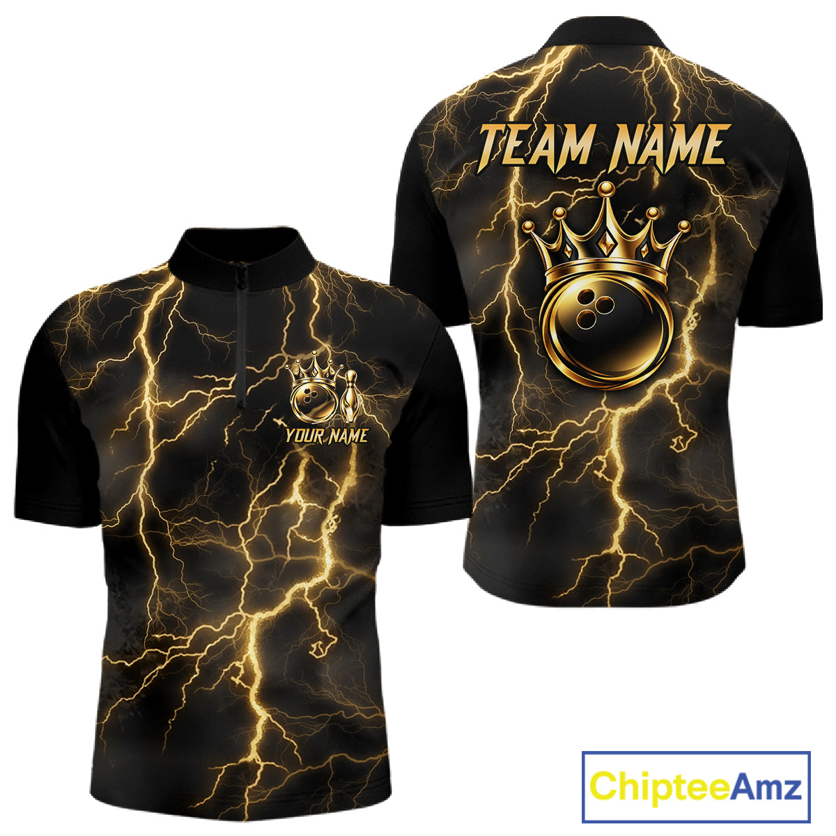 Custom Gold Thunder Lightning Bowling Shirt for Men Crown Bowling Ball Jersey QZT1392