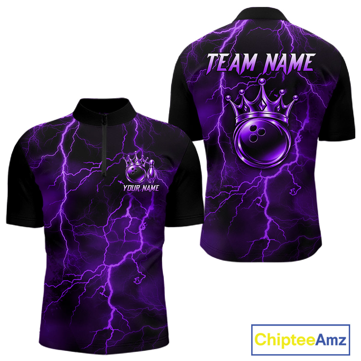 Custom Purple Thunder Lightning Bowling Shirt for Men Crown Bowling Ball Jersey QZT1392