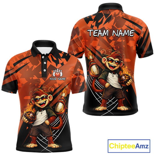 Front and back views of a short-sleeve custom polo shirt featuring a cartoon monkey graphic on an orange and black patterned background. The front shows a customizable chest logo area, while the back displays 'TEAM NAME' text at the top.