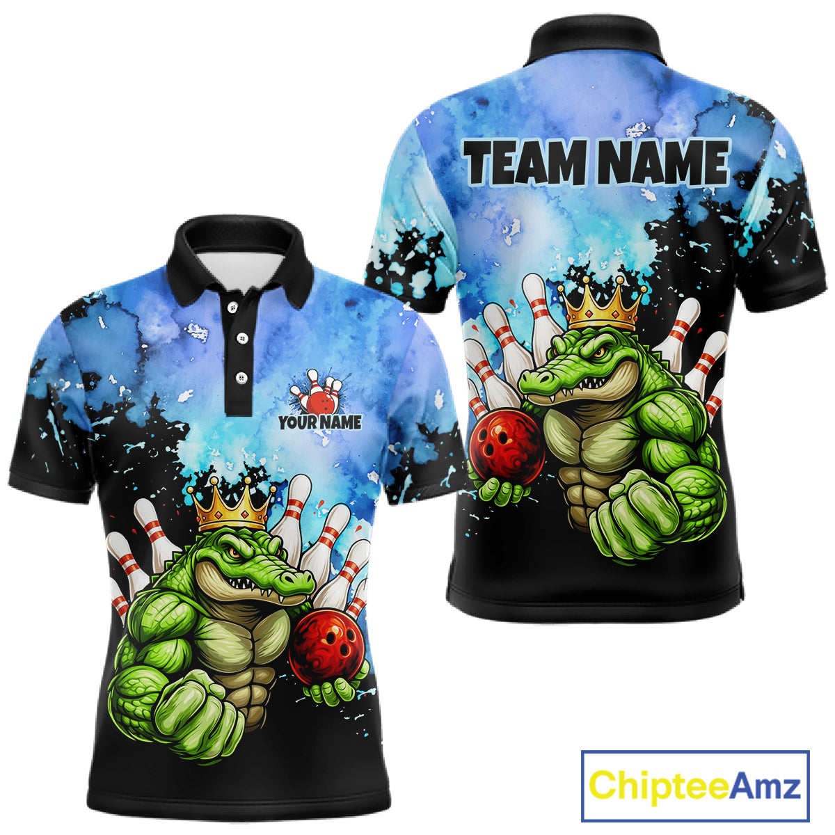 Custom Blue Funny Crocodile Bowling Shirt for Men Alligator Bowling Jersey Polo & 1/4-Zip QZT1250
