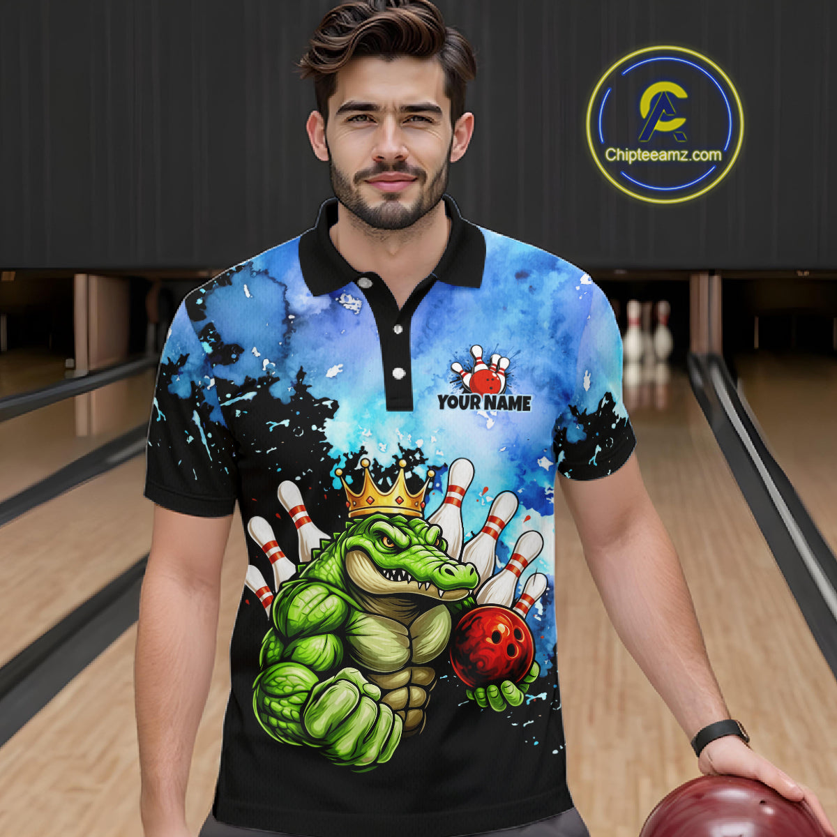 Custom Blue Funny Crocodile Bowling Shirt for Men Alligator Bowling Jersey Polo & 1/4-Zip QZT1250