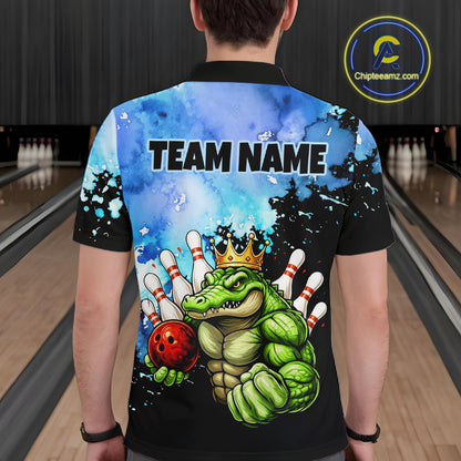 Custom Blue Funny Crocodile Bowling Shirt for Men Alligator Bowling Jersey Polo & 1/4-Zip QZT1250