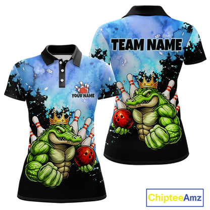 Custom Blue Funny Crocodile Bowling Shirt for Women Alligator Bowling Jersey Polo & 1/4-Zip QZT1250