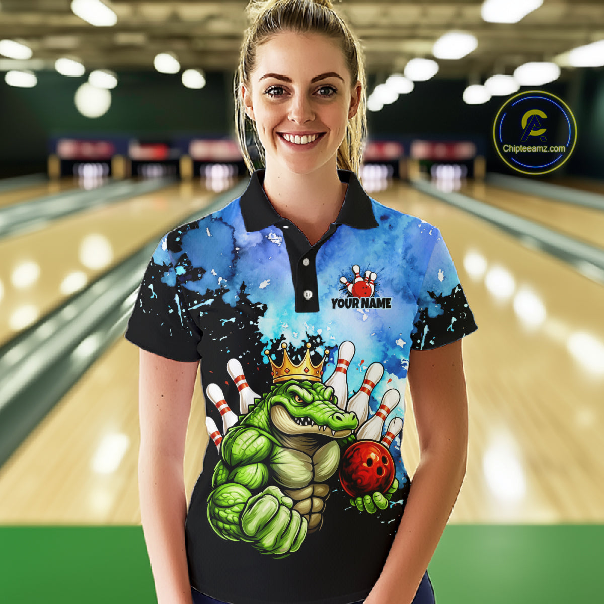 Custom Blue Funny Crocodile Bowling Shirt for Women Alligator Bowling Jersey Polo & 1/4-Zip QZT1250