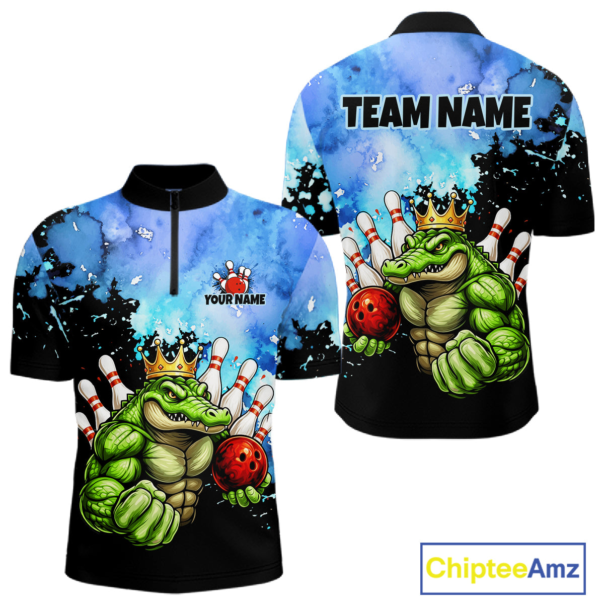Custom Blue Funny Crocodile Bowling Shirt for Men Alligator Bowling Jersey Polo & 1/4-Zip QZT1250