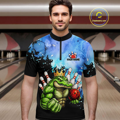 Custom Blue Funny Crocodile Bowling Shirt for Men Alligator Bowling Jersey Polo & 1/4-Zip QZT1250
