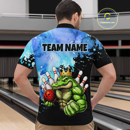 Custom Blue Funny Crocodile Bowling Shirt for Men Alligator Bowling Jersey Polo & 1/4-Zip QZT1250