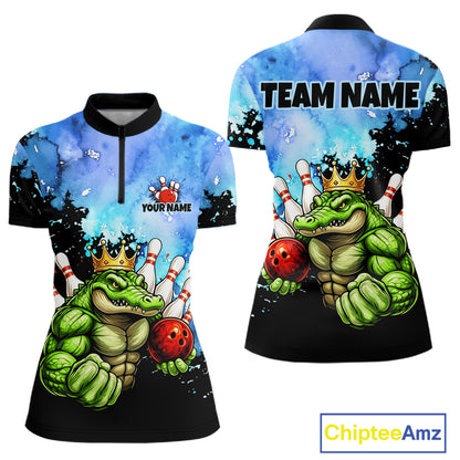 Custom Blue Funny Crocodile Bowling Shirt for Women Alligator Bowling Jersey Polo & 1/4-Zip QZT1250