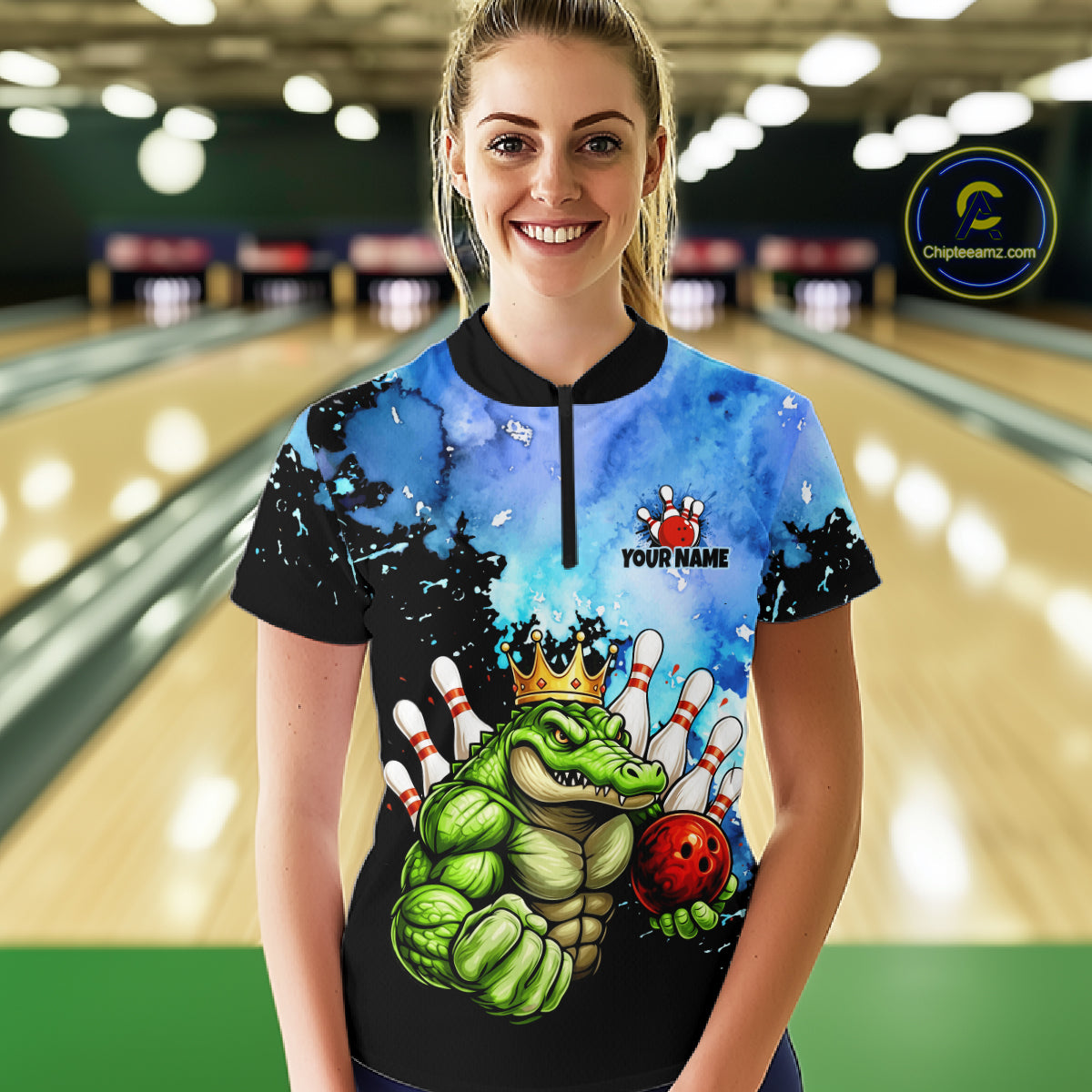 Custom Blue Funny Crocodile Bowling Shirt for Women Alligator Bowling Jersey Polo & 1/4-Zip QZT1250