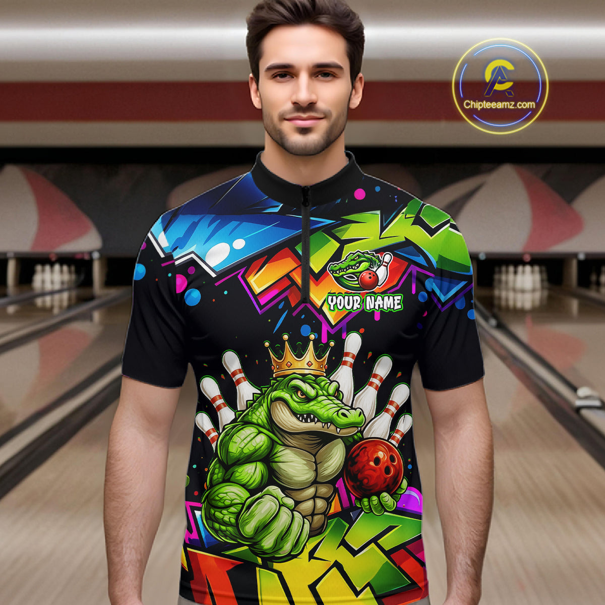 Custom Colorful Funny Crocodile Bowling Shirt for Men Alligator Bowling Jersey Polo & 1/4-Zip QZT1251