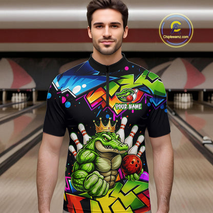 Custom Colorful Funny Crocodile Bowling Shirt for Men Alligator Bowling Jersey Polo & 1/4-Zip QZT1251