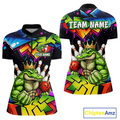 Custom Colorful Funny Crocodile Bowling Shirt for Women Alligator Bowling Jersey Polo & 1/4-Zip QZT1251