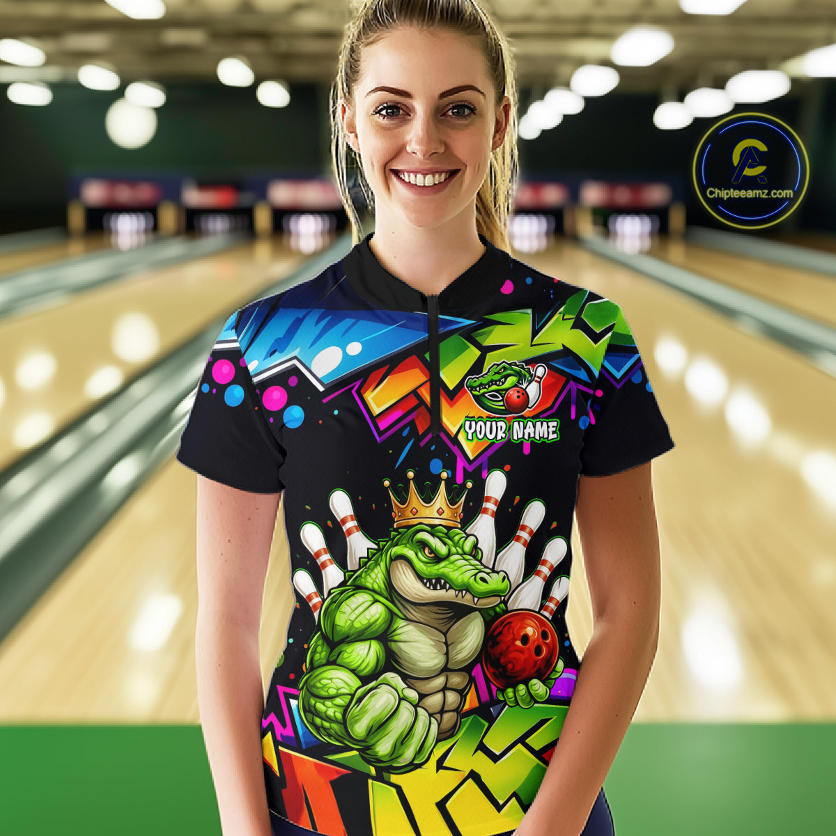 Custom Colorful Funny Crocodile Bowling Shirt for Women Alligator Bowling Jersey Polo & 1/4-Zip QZT1251