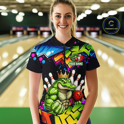 Custom Colorful Funny Crocodile Bowling Shirt for Women Alligator Bowling Jersey Polo & 1/4-Zip QZT1251