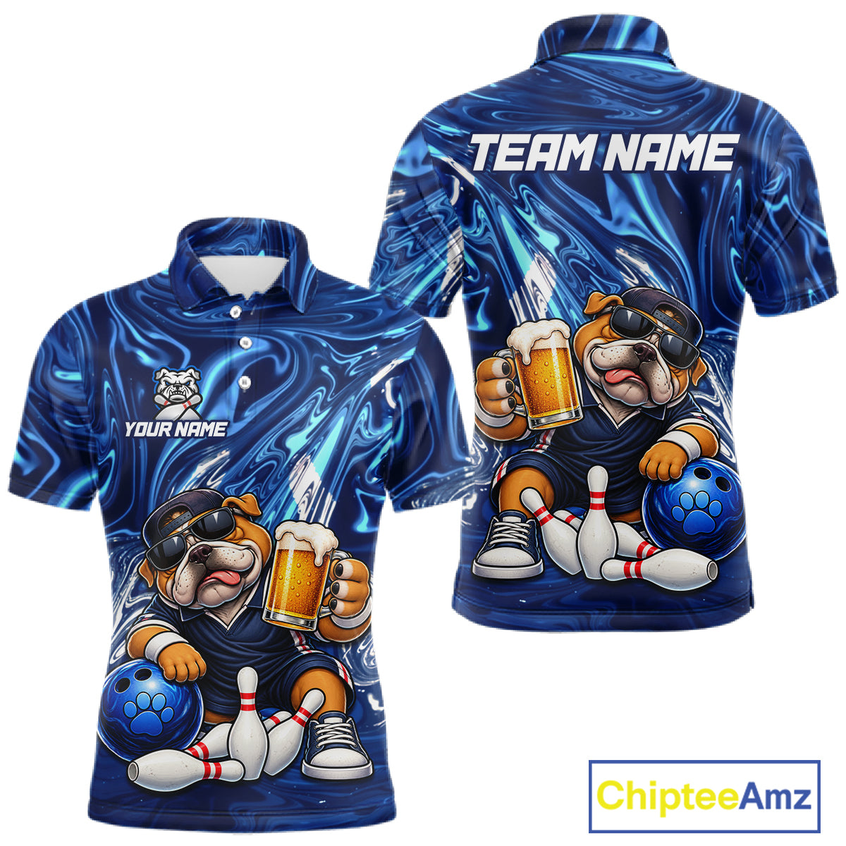 Custom Blue Funny Bulldog & Beer Bowling Shirts Bowling Jersey QZT1331
