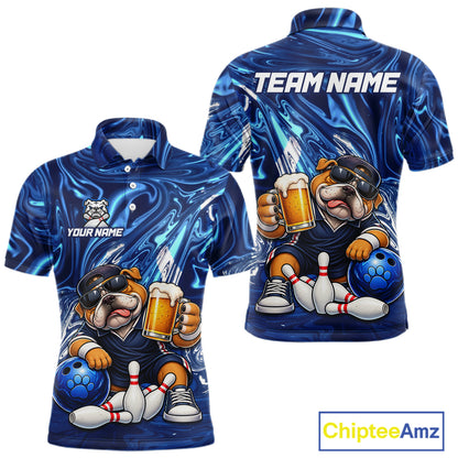Custom Blue Funny Bulldog & Beer Bowling Shirts Bowling Jersey QZT1331