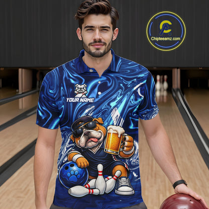 Custom Blue Funny Bulldog & Beer Bowling Shirts Bowling Jersey QZT1331