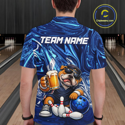 Custom Blue Funny Bulldog & Beer Bowling Shirts Bowling Jersey QZT1331