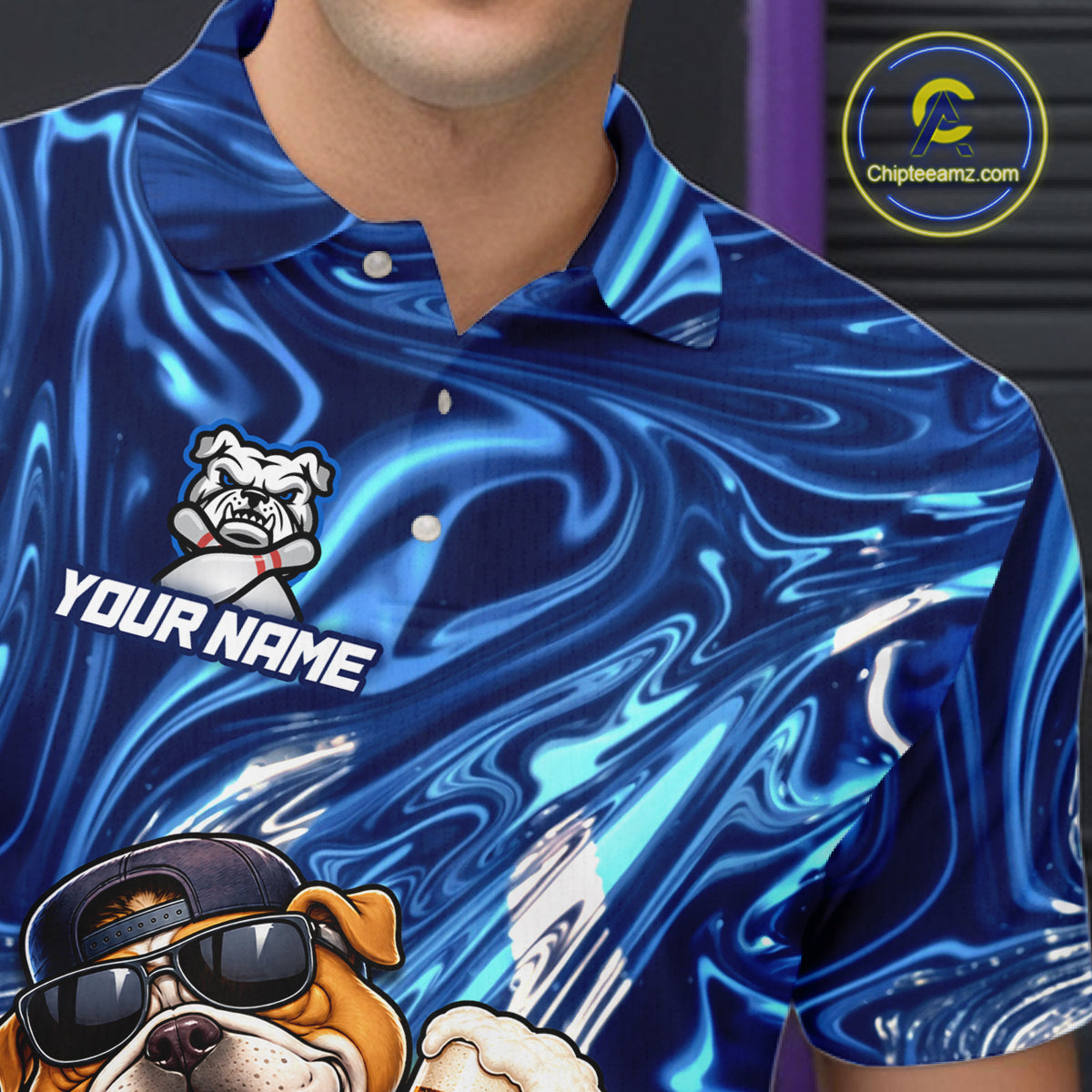Custom Blue Funny Bulldog & Beer Bowling Shirts Bowling Jersey QZT1331
