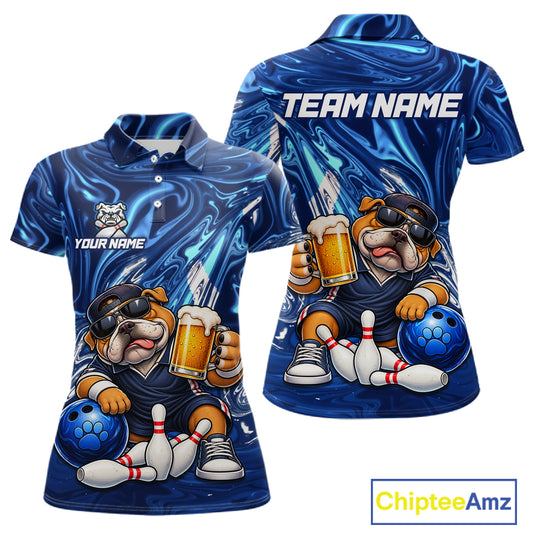Custom Blue Funny Bulldog & Beer Bowling Shirts Bowling Jersey QZT1331