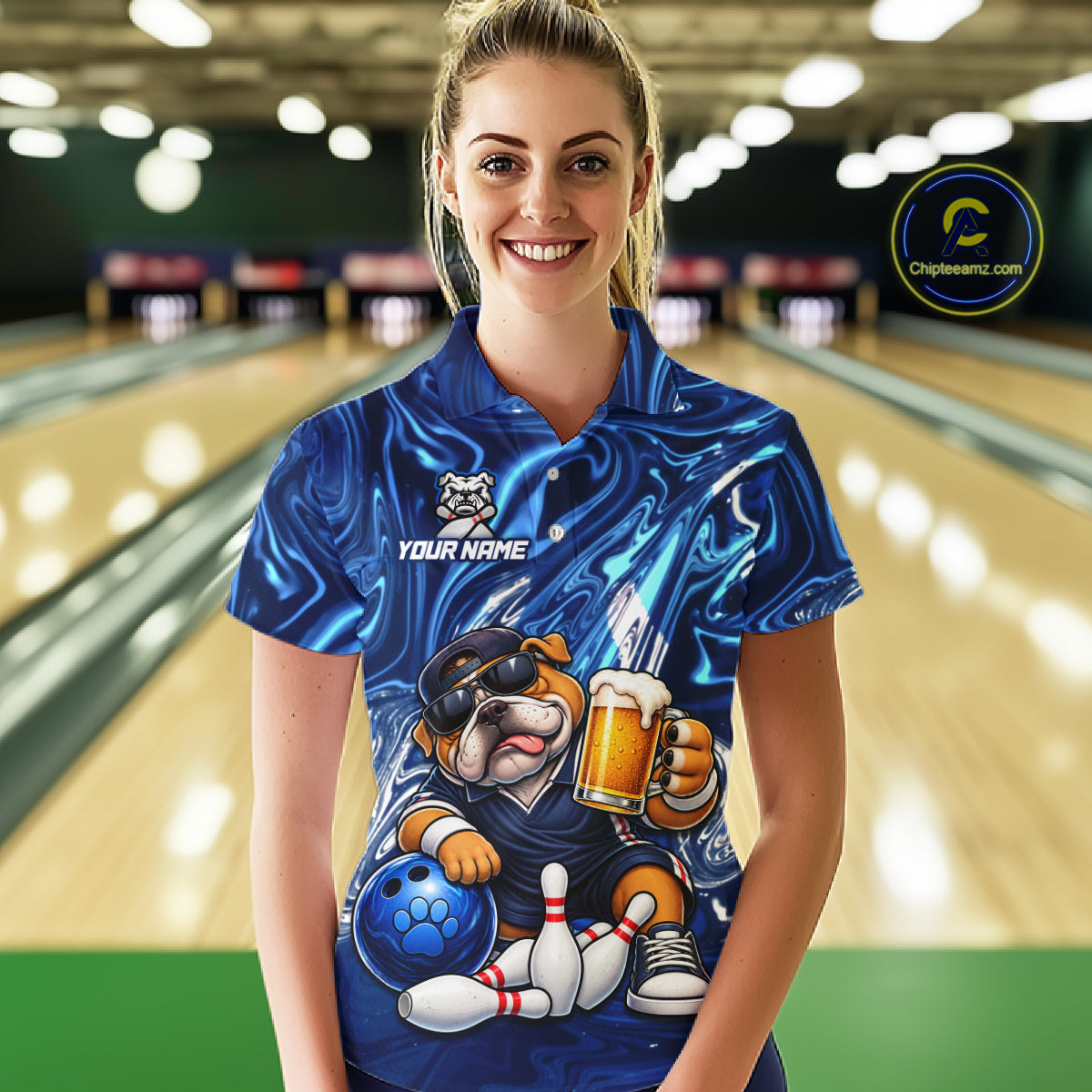 Custom Blue Funny Bulldog & Beer Bowling Shirts Bowling Jersey QZT1331