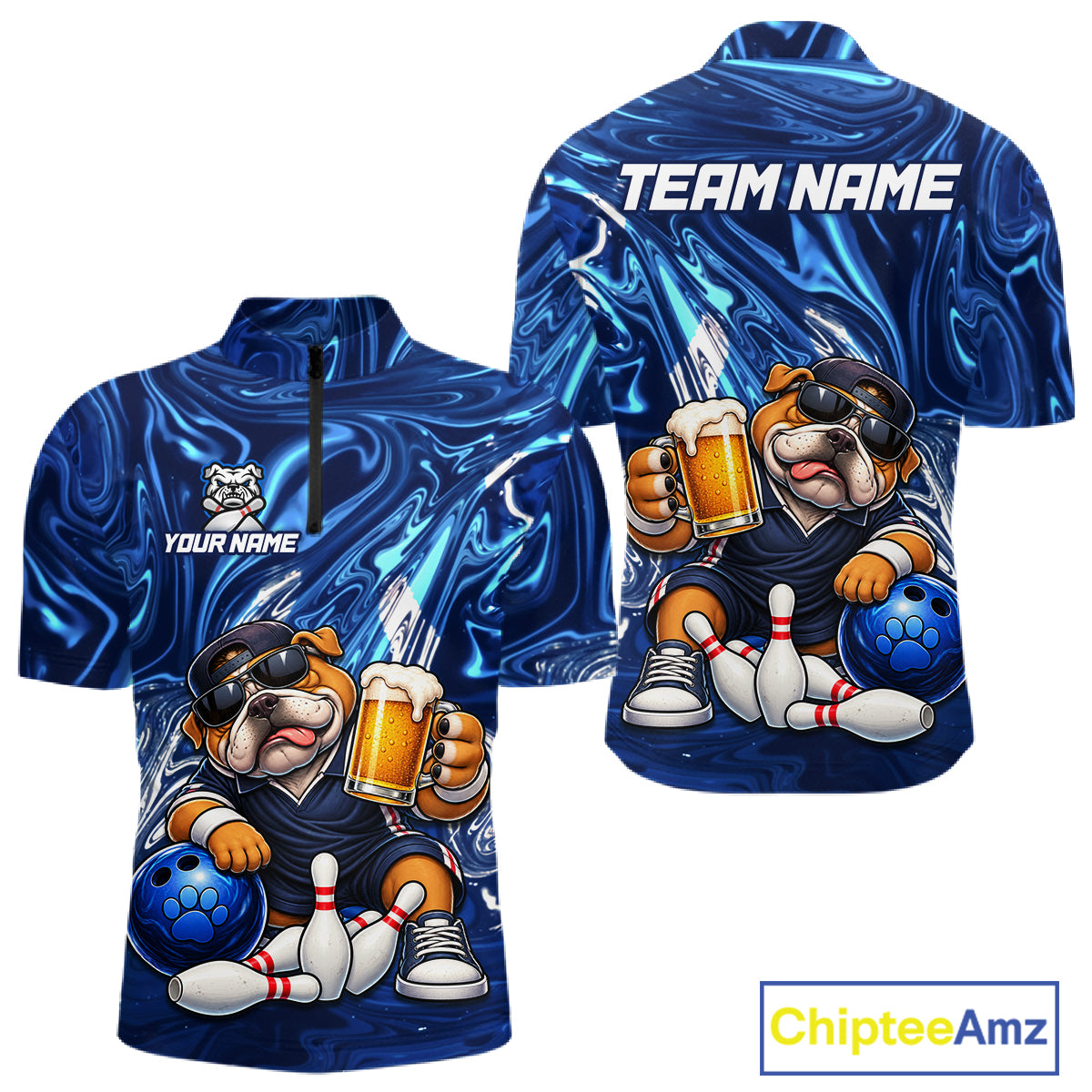 Custom Blue Funny Bulldog & Beer Bowling Shirts Bowling Jersey QZT1331