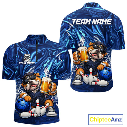 Custom Blue Funny Bulldog & Beer Bowling Shirts Bowling Jersey QZT1331