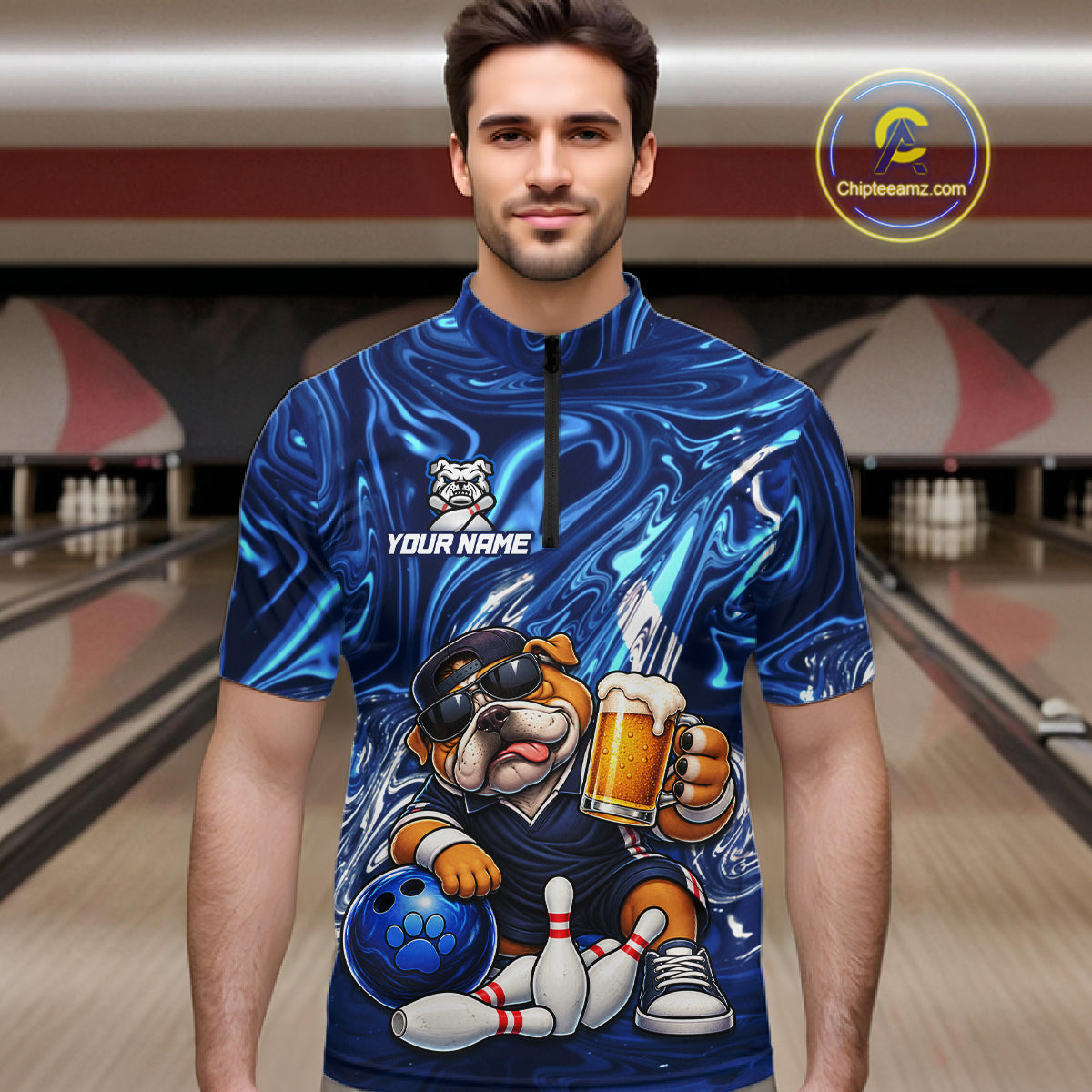 Custom Blue Funny Bulldog & Beer Bowling Shirts Bowling Jersey QZT1331