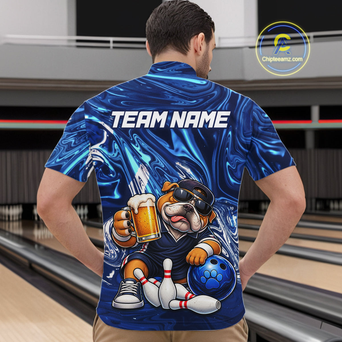 Custom Blue Funny Bulldog & Beer Bowling Shirts Bowling Jersey QZT1331
