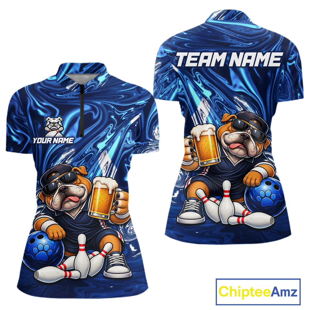 Custom Blue Funny Bulldog & Beer Bowling Shirts Bowling Jersey QZT1331
